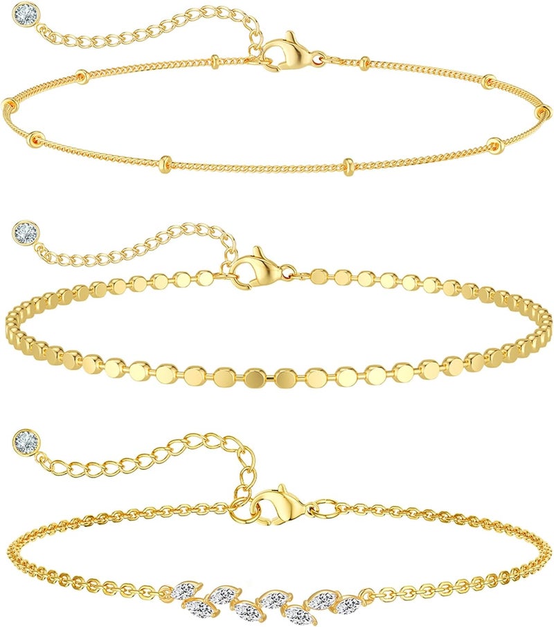 MIDEEO Gold/Silver Ankle Bracelets for Women,14K Gold Anklets for Women Waterproof Cuban Link Heart Beads Herringbone Rhinestone Anklets Set Layered Anklet Bracelets for Women Gold Jewelry Gift - Image 1